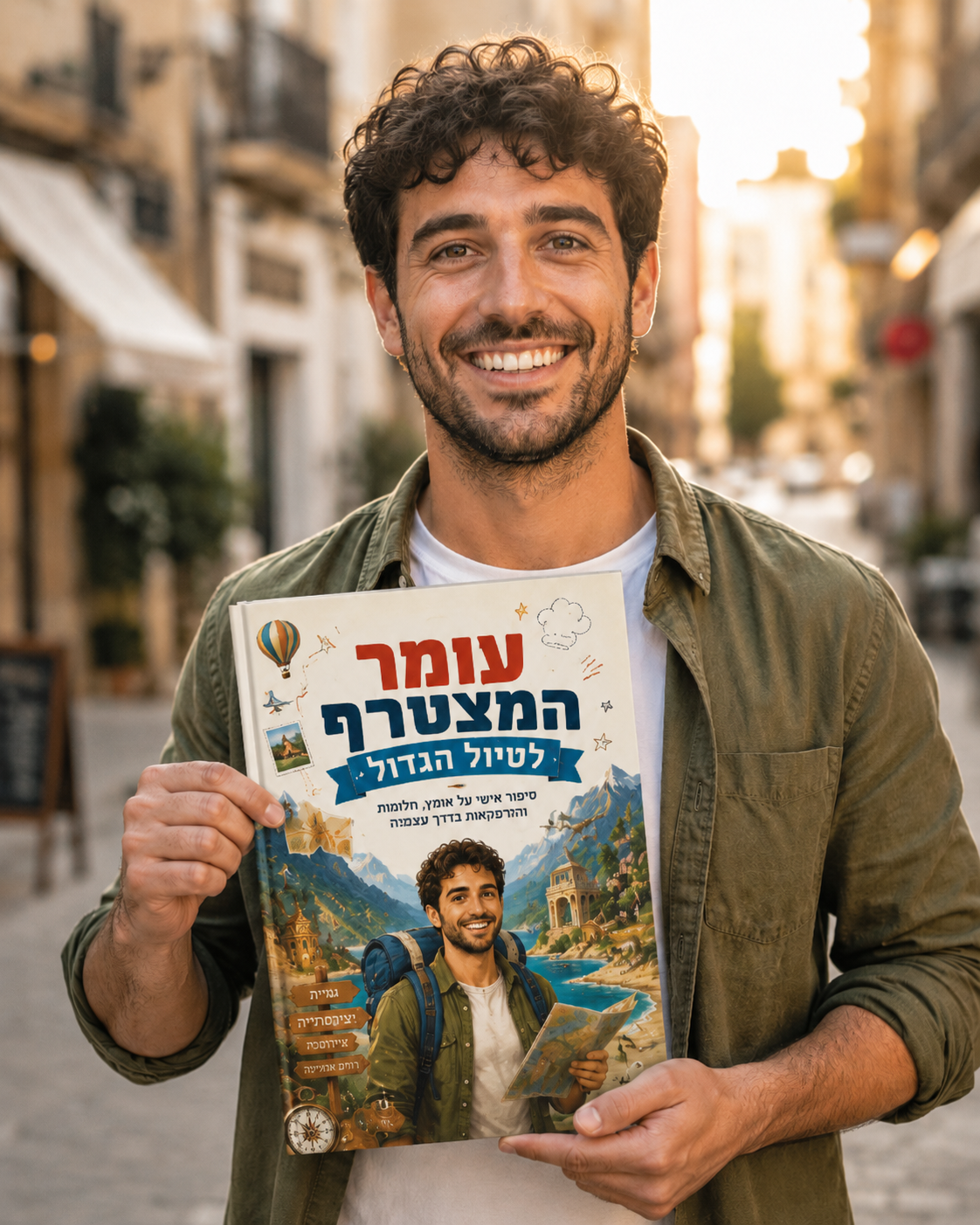 לקוח מחייך מחזיק ספר אישי בשם עומר המצטרף לטיול הגדול